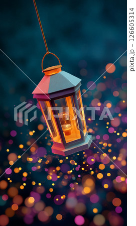 Hanging lantern glowing in night sky with bokeh lights in background 126605314