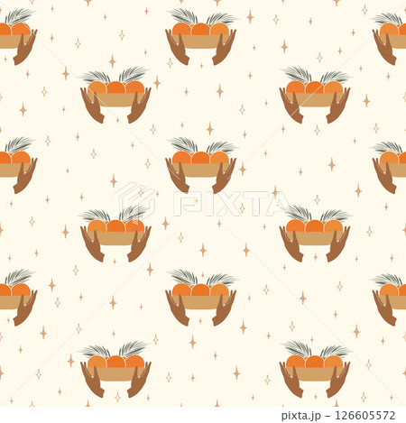 Juicy oranges bowl seamless pattern. Woman hands and fruits. Aesthetic rape tangerine fruit design Juicy oranges bowl seamless pattern. Woman hands and fruits. Aesthetic rape tangerine fruit design 126605572