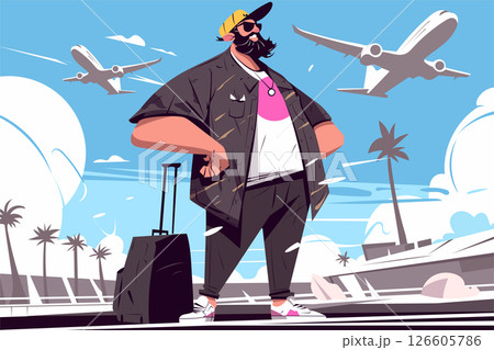 Stylish man with beard & sunglasses ready for vacation at airport. Flat vector illustration of travel, leisure, and holiday journey Stylish man with beard & sunglasses ready for vacation at airport. Flat vector illustration of travel, leisure, and holiday journey 126605786