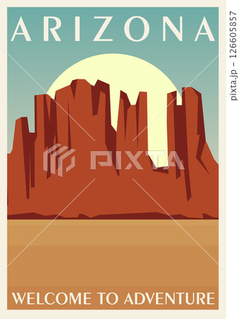Arizona travel poster. Vector illustration of scenic desert landscape. Beautiful landscape of red canyons 126605857