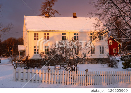 White building in the sunrise, Norway 126605909
