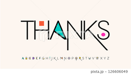 Thanks text with modern geometric style for subscribers and followers. Minimalist colorful font for greeting card, branding, logo, social media headline. Font alphabet logo design.Vector illustration. 126606049