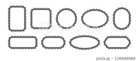 Lace frames with scallop rectangular and square shapes. Border edges with pattern round and oval. Set of black vector elements isolated on white background. Lace frames with scallop rectangular and square shapes. Border edges with pattern round and oval. Set of black vector elements isolated on white background. 126606066