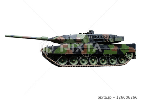 Tank Leopard 2 isolated white background. Vilnius, Lithuania. German army. NATO. 45th Panzer Brigade. Tank Leopard 2 isolated white background. Vilnius, Lithuania. German army. NATO. 45th Panzer Brigade. 126606266