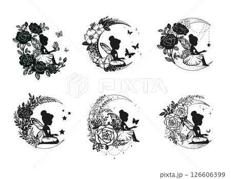 Silhouette of a fairy with flowers and moon. 126606399