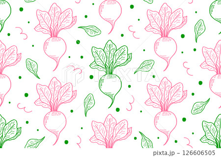 Sugar beet pattern, seamless pattern for culinary background. Vegetable pattern, contour silhouette. Kitchen textiles, food packaging, prints on clothes. 126606505