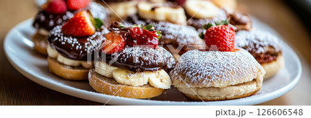 This delightful platter showcases several sandwich slices filled with sweet spreads, accompanied by fresh strawberries, bananas, and raspberries for a tasty breakfast treat, banner 126606548