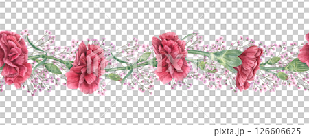 Red carnations and delicate pink gypsophila horizontal watercolor seamless banner isolated background. Hand painted flowers for wedding invitations, floral branding, love themed packaging 126606625