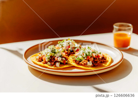 Sopes are displayed on a neutral-colored plate with vibrant toppings, highlighting the flavors of traditional Mexican culinary artistry during a lively meal gathering 126606636