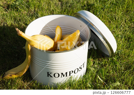 Metal compost bucket with peel vegetables making compost on green lawn. Outdoors. Ecosystem. Sustainable lifestyle 126606777