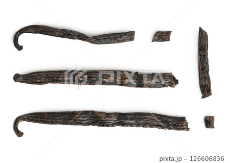 Dried vanilla stick isolated on white background. Top view. Flat lay. Dried vanilla stick isolated on white background. Top view. Flat lay. 126606836