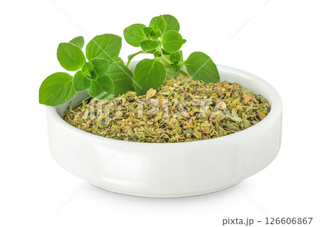 Oregano or marjoram leaves fresh and dry in ceramic bowl isolated on white background. Top view. Flat lay. 126606867