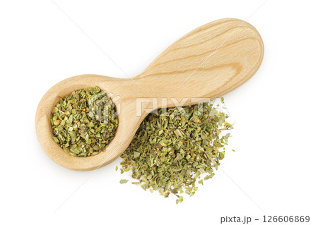 Oregano or marjoram leaves fresh and dry in wooden spoon isolated on white background. Top view. Flat lay Oregano or marjoram leaves fresh and dry in wooden spoon isolated on white background. Top view. Flat lay 126606869
