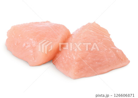 Raw diced chicken fillet isolated on white background with full depth of field. 126606871