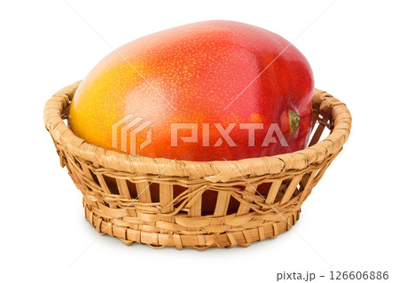 Ripe mango in a wicker basket isolated on white background with full depth of field Ripe mango in a wicker basket isolated on white background with full depth of field 126606886