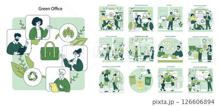 Vector illustration showcasing team members engaged in eco-friendly office activities, including brainstorming, recycling, and implementing sustainable practices while collaborating effectively. 126606894