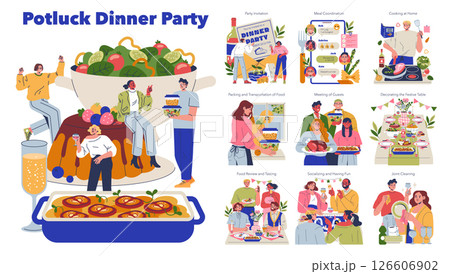 Vector illustration of a potluck dinner party showcasing friends preparing and sharing meals. Scenes include meal coordination, socializing, and enjoying a festive table setting. 126606902