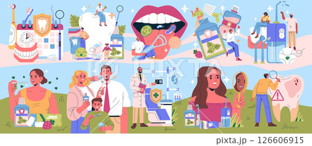 Vector illustration showcasing various aspects of dental hygiene, including brushing techniques, dental tools, and dentist visits. Emphasizes oral health practices and prevention. 126606915