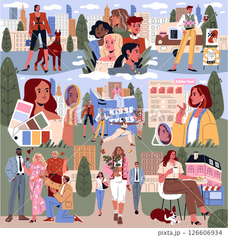 Kibbe Types concept. Various people discovering their style through the Kibbe body type system in a colorful city setting. Includes diverse fashion and urban backgrounds. 126606934