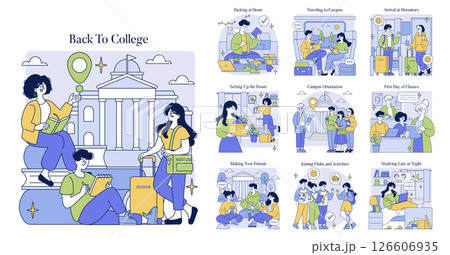 College-themed vector illustration depicting various stages of student life, including moving in, meeting new people, and studying. Shows vibrant campus activities and emotions. College-themed vector illustration depicting various stages of student life, including moving in, meeting new people, and studying. Shows vibrant campus activities and emotions. 126606935