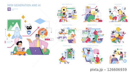 Colorful vector illustration showcasing various AI applications for learning and creativity. Features people interacting with AI in educational and creative settings, highlighting future-ready 126606939