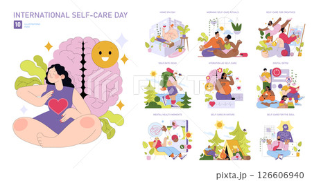 Vector illustration pack celebrating International Self-Care Day. Includes activities like nature connection, digital detox, and solo adventures. Emphasizes mental and physical well-being. 126606940