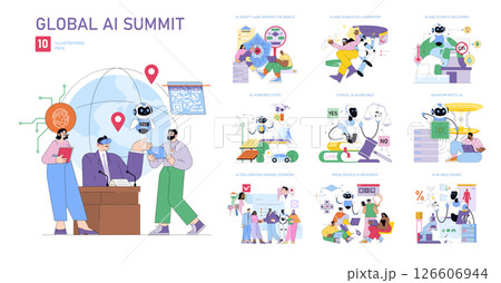 Global AI Summit, highlighting AI-human collaboration, ethical AI guidelines, and AI-powered cities. The images depict robots interacting with humans, AI applications in healthcare and climate 126606944