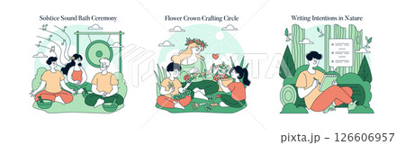 Vector illustration showing a group meditating during a solstice sound bath, crafting flower crowns, and writing intentions in nature. Emotions of calm, creativity, and mindfulness depicted. Vector illustration showing a group meditating during a solstice sound bath, crafting flower crowns, and writing intentions in nature. Emotions of calm, creativity, and mindfulness depicted. 126606957