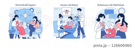 This illustration features healthcare professionals engaging with patients across various settings, including mental health support, dental care, and pediatric consultations. Each scene emphasizes the This illustration features healthcare professionals engaging with patients across various settings, including mental health support, dental care, and pediatric consultations. Each scene emphasizes the 126606960
