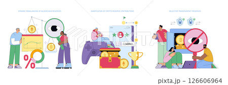 Vector illustrations depicting dynamic rebalancing of blockchain reserves, gamification of crypto reserve contributions, and selective transparency. People interacting with blockchain concepts and 126606964
