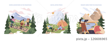 Mountain Tourism set. Outdoor adventure cycling, digital detox trekking and camping, remote work with laptops by the lake in the mountains. Relaxation, nature escape, healthy lifestyle. Vector 126606965