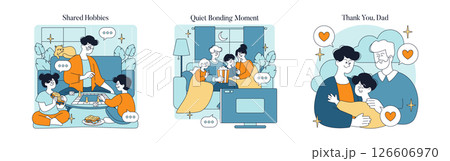 Vector illustration showcasing family enjoying board games, cozy evenings with books, and expressing love. Emphasizes family connections, shared hobbies, and gratitude towards parents. 126606970