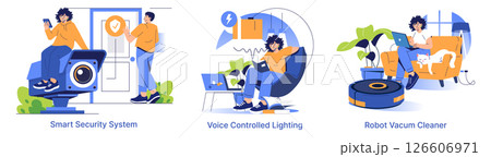Vector illustration of smart home technology featuring a security system with a camera, voice-controlled lighting, and a robot vacuum cleaner, highlighting smart lifestyle elements. Vector illustration of smart home technology featuring a security system with a camera, voice-controlled lighting, and a robot vacuum cleaner, highlighting smart lifestyle elements. 126606971