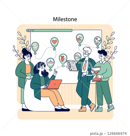 Milestone illustration showing a collaborative team discussing key achievements. One person points at a digital board with visual markers. Focus on teamwork, goal tracking, and project planning 126606974