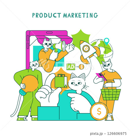 Product marketing concept featuring cats engaged in various advertising activities. It illustrates interactions around marketing strategies, products, and consumer engagement in a playful manner 126606975