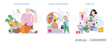 Mens Health Month set. Promoting balanced nutrition, quality sleep and regular health check-ups for improved wellness and disease prevention. Medical exams and recovery support. Vector illustration. 126606980