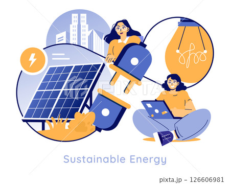 Solar power concept showcasing sustainable energy. Illustrates individuals engaged with solar panels, technology, and urban settings. Highlights the importance of renewable energy for future 126606981