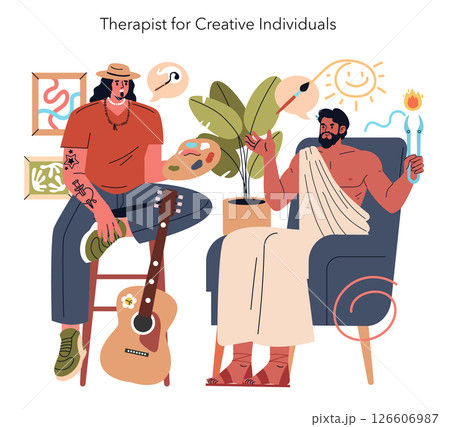 Illustration of a therapist specializing in creative individuals, depicting a conversation between a modern artist and a classical philosopher. Focus on artistic expression and emotional support Illustration of a therapist specializing in creative individuals, depicting a conversation between a modern artist and a classical philosopher. Focus on artistic expression and emotional support 126606987