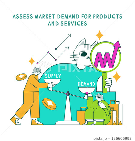 Product marketing analysis with a focus on demand and supply dynamics. The illustration features a cat guiding the evaluation process, emphasizing balanced market insights. Vector illustration. 126606992