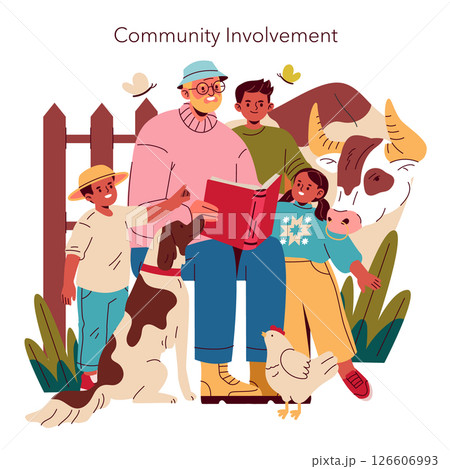 Community involvement showcases a meaningful interaction where a person reads aloud to children, fostering connection in a rural setting. Animals are present, enhancing the warm and inviting 126606993