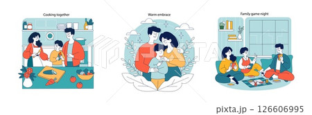 Family moments set: Illustration of home activities including cooking together, sharing a warm embrace, and enjoying a game night. Captures bonding and togetherness. Vector illustration. 126606995