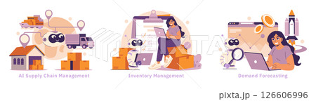 AI in logistics enhances supply chain management, streamlines inventory processes, and improves demand forecasting. This vector illustration emphasizes a tech-driven approach to modern logistics 126606996