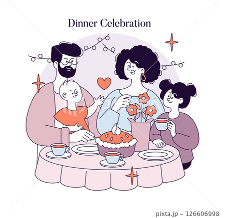 Family gathering for a special dinner celebration, featuring parents and children sharing love and joy at a well-decorated table. Highlights include cake and flowers, capturing a heartwarming moment. Family gathering for a special dinner celebration, featuring parents and children sharing love and joy at a well-decorated table. Highlights include cake and flowers, capturing a heartwarming moment. 126606998