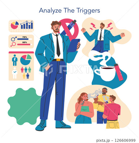 Stop smoking awareness campaign focusing on identifying triggers. The illustration shows a businessman analyzing data while people engage in smoking behavior. It emphasizes the importance of 126606999