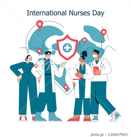 International Nurses Day celebrates dedicated healthcare professionals. This illustration highlights diverse nurses in various roles, promoting teamwork in patient care and the importance of nursing International Nurses Day celebrates dedicated healthcare professionals. This illustration highlights diverse nurses in various roles, promoting teamwork in patient care and the importance of nursing 126607003