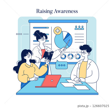 World Health Day illustration highlighting the importance of health awareness among professionals. The scene captures a discussion centered around health statistics and initiatives to improve well World Health Day illustration highlighting the importance of health awareness among professionals. The scene captures a discussion centered around health statistics and initiatives to improve well 126607025