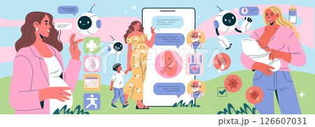 AI Pregnancy Counselor illustration. This artwork portrays the integration of artificial intelligence in pregnancy guidance. It emphasizes support, technology, and valuable advice for expecting 126607031