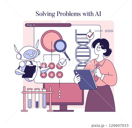 Women engage in AI-driven problem solving, showcasing collaboration with technology. The illustration highlights innovation in science, data analysis, and research environments. Focus on creativity 126607033