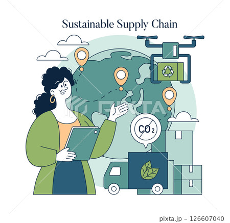 Sustainable supply chains focus on reducing environmental impact while promoting efficiency. This illustration highlights a balanced approach using modern technologies and practices for sustainable 126607040