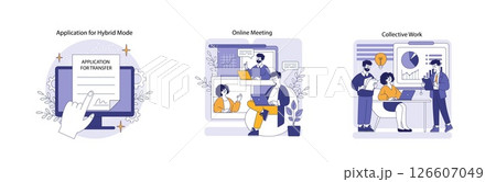 Hybrid work illustration depicting the transition to a flexible work environment. It highlights application processes, online meetings, and collaborative efforts among team members to enhance 126607049